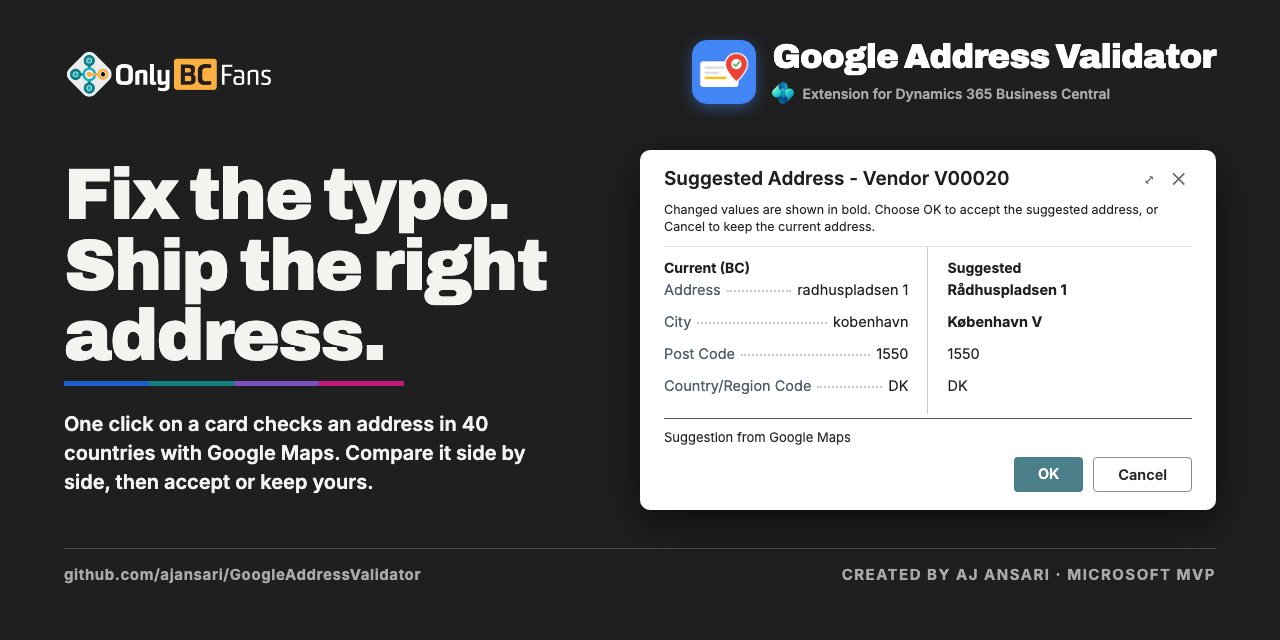 Google Address Validator for Business Central: fix the typo, ship the right address. One click on a card checks an address in 40 countries with Google Maps.