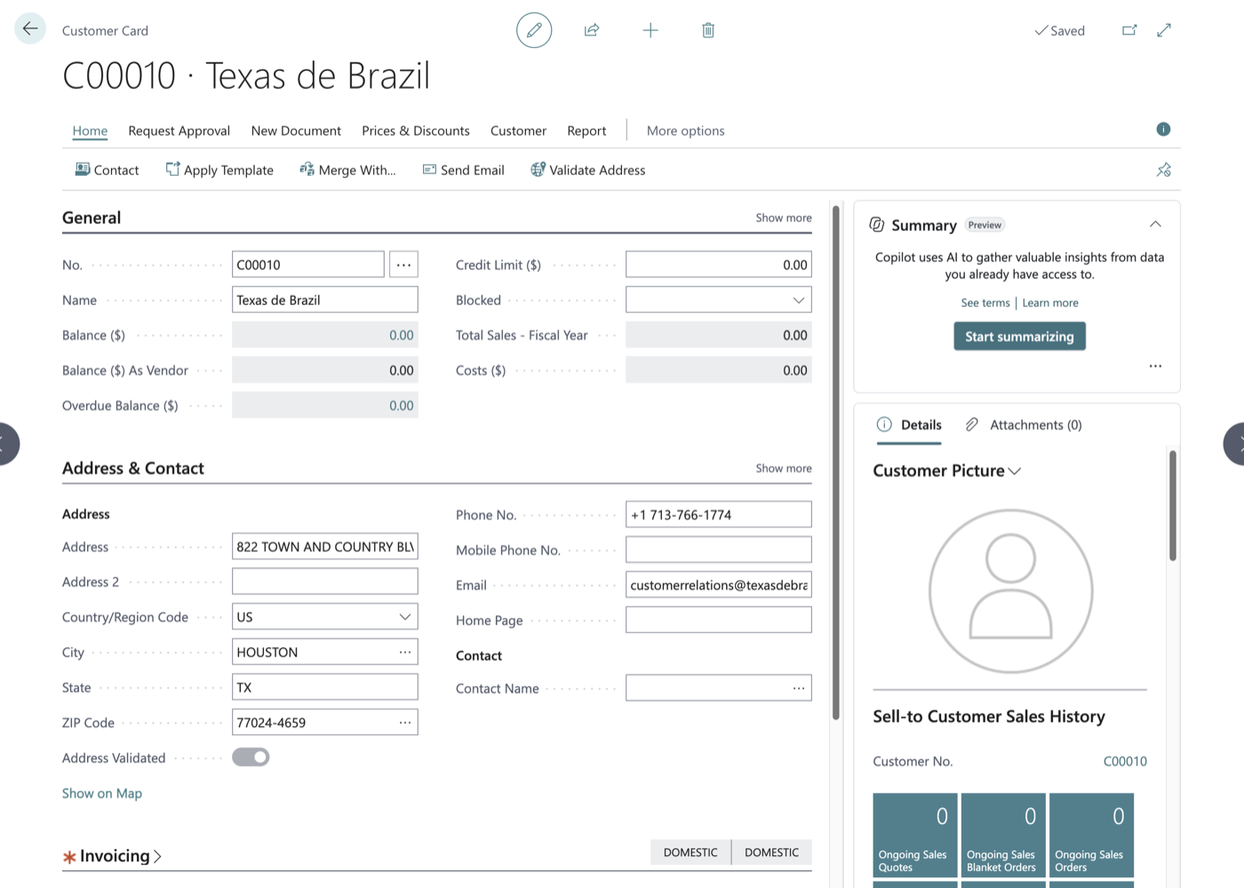 Customer Card with the Validate Address action and the Address Validated field switched on after the check