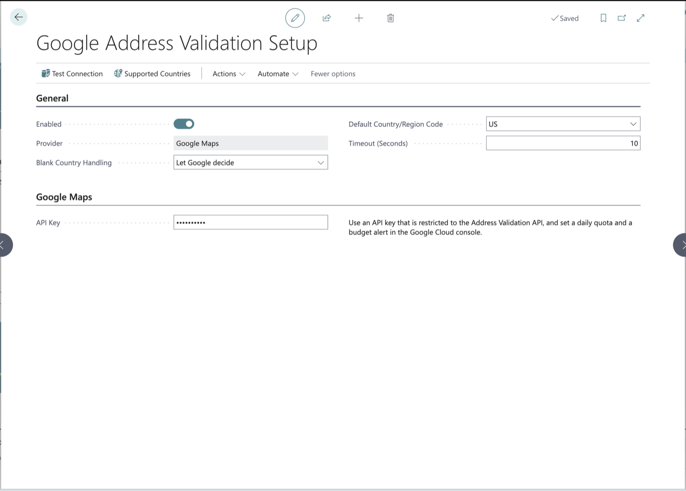 Google Address Validation Setup page