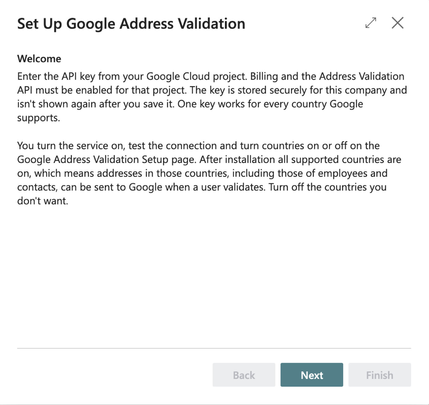 Set Up Google Address Validation wizard, Welcome step