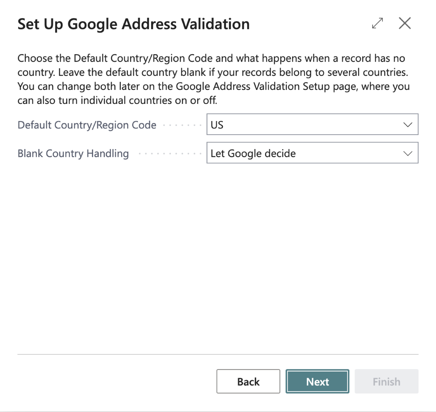 Wizard, Countries step with Default Country/Region Code and Blank Country Handling